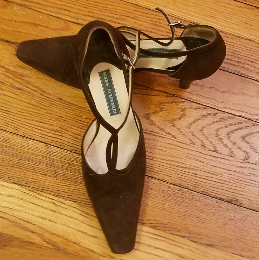 Mark Schwartz suede t-strap heels pointy toe